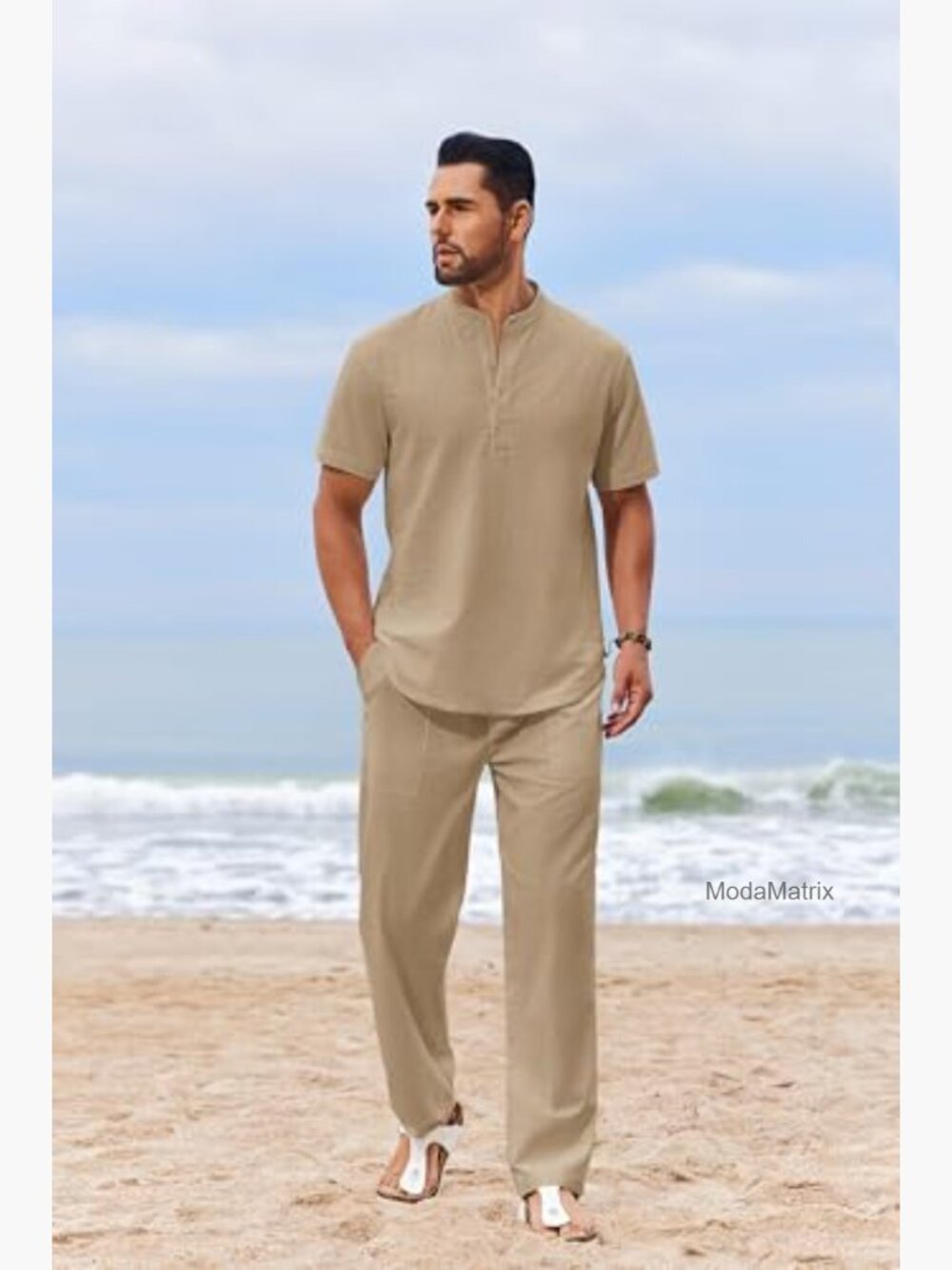 Men's 2 Piece Cotton Henley Short Sleeve Shirt and Pants Set Summer Outfit - Picture 3 of 7